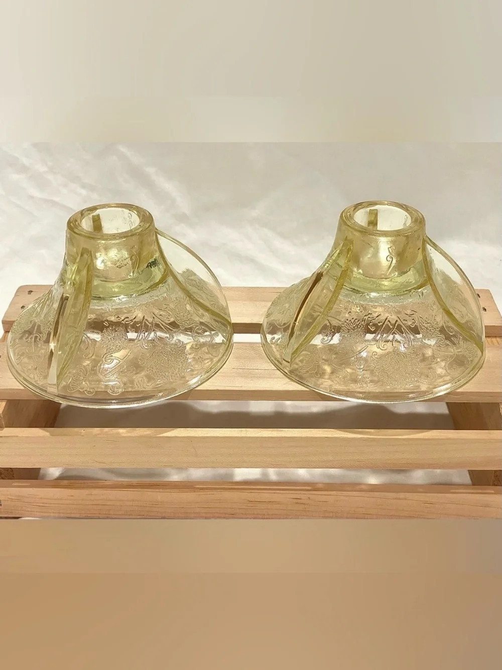 Pair (2) Hazel Atlas Candlestick Holders Yellow “Poppy” Depression Glass | EUC
